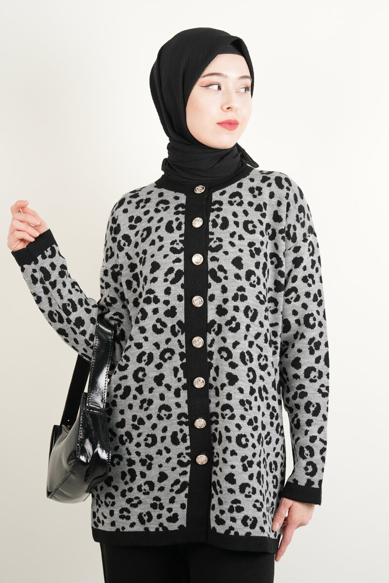 Bayan Triko Takım Leopar Ceketli Pantolon Takım Siyah - 4