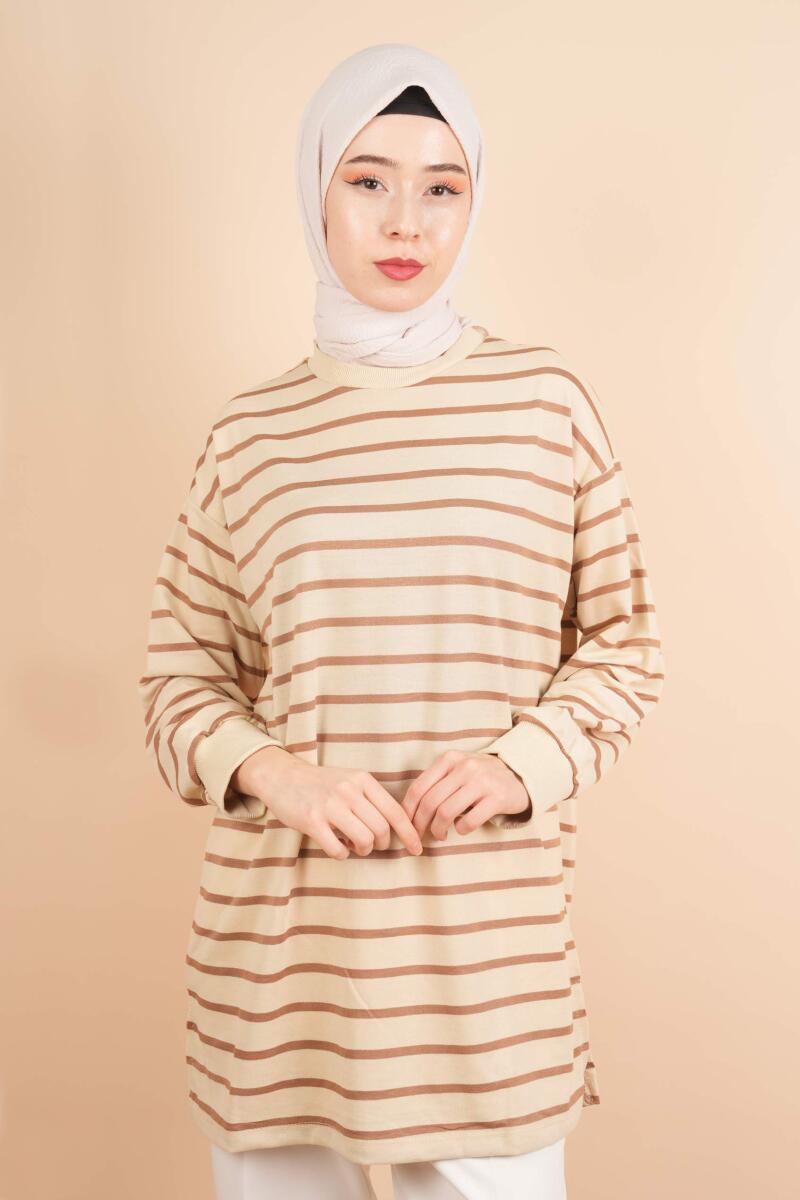 Bayan Uzun Tesettür Tunik Manşet Kol Çizgili Tunik Açık Kahve - 1