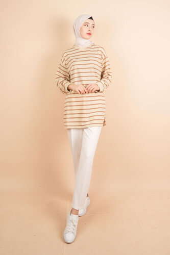 Bayan Uzun Tesettür Tunik Manşet Kol Çizgili Tunik Açık Kahve - 03Kız Kulesi Teks (1)