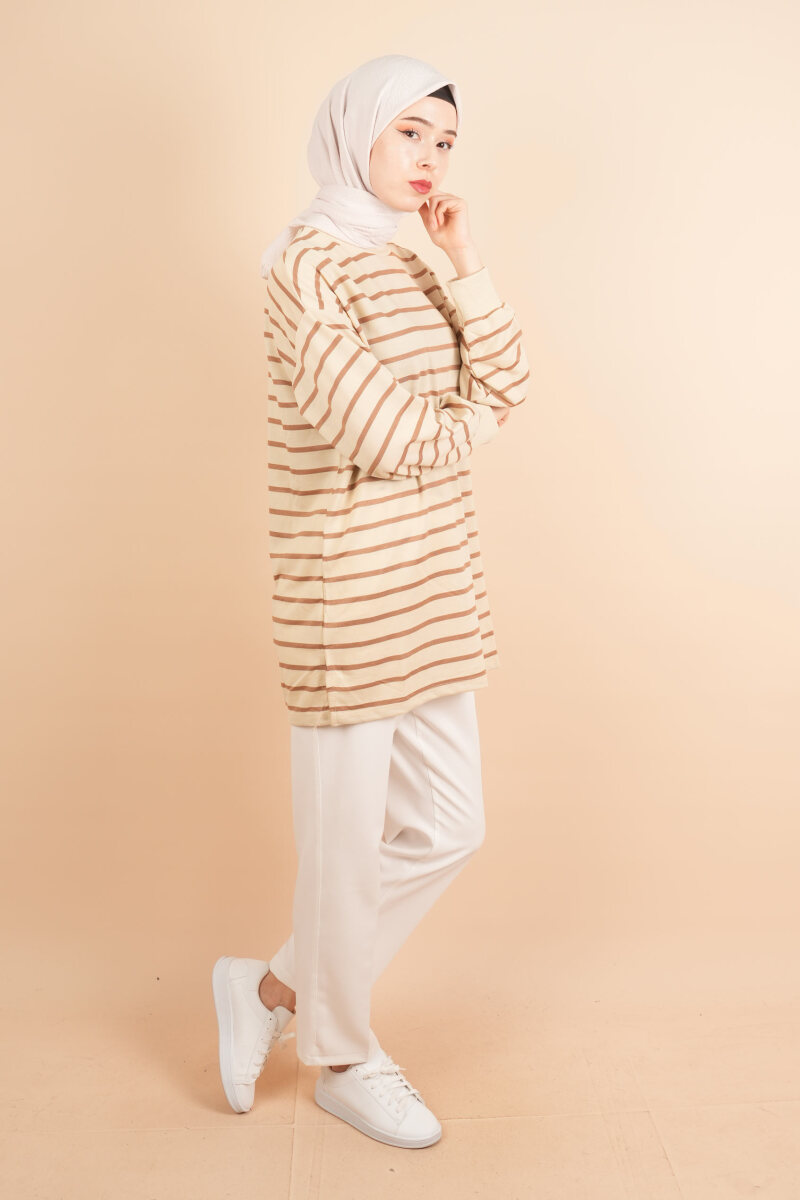 Bayan Uzun Tesettür Tunik Manşet Kol Çizgili Tunik Açık Kahve - 3