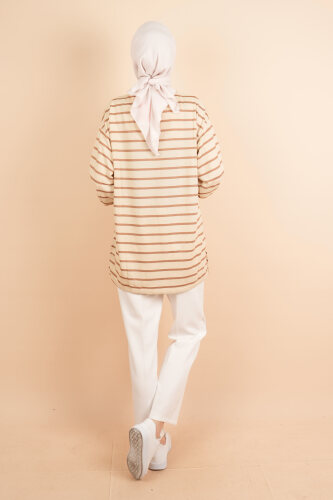 Bayan Uzun Tesettür Tunik Manşet Kol Çizgili Tunik Açık Kahve - 4