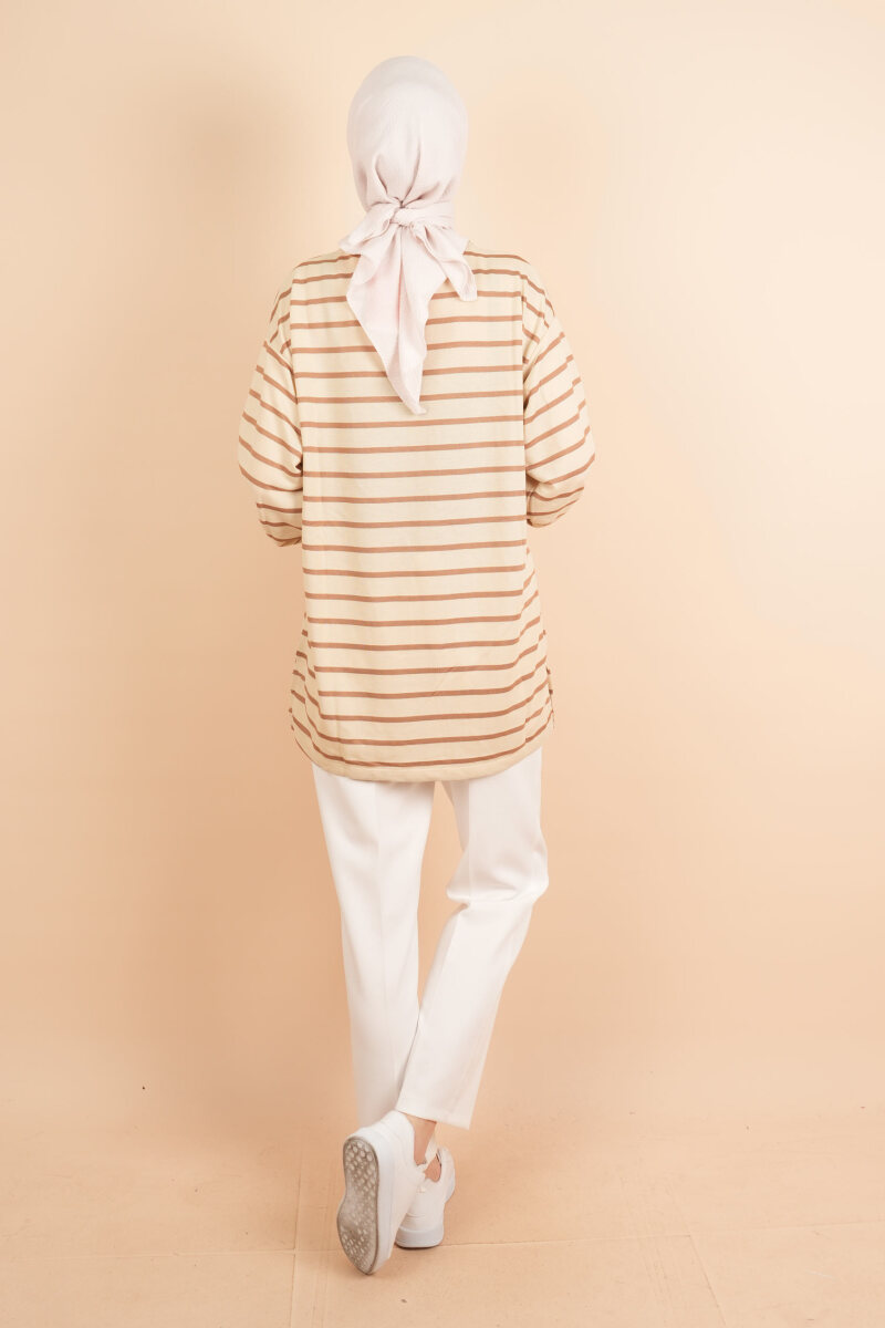 Bayan Uzun Tesettür Tunik Manşet Kol Çizgili Tunik Açık Kahve - 4