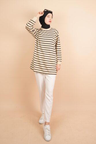 Bayan Uzun Tesettür Tunik Manşet Kol Çizgili Tunik Siyah - 03Kız Kulesi Teks (1)