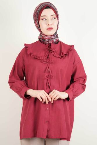 Bayan Yeni Sezon Gömlek Fırfır Yaka Kurdele Detaylı Gömlek Bordo - 2