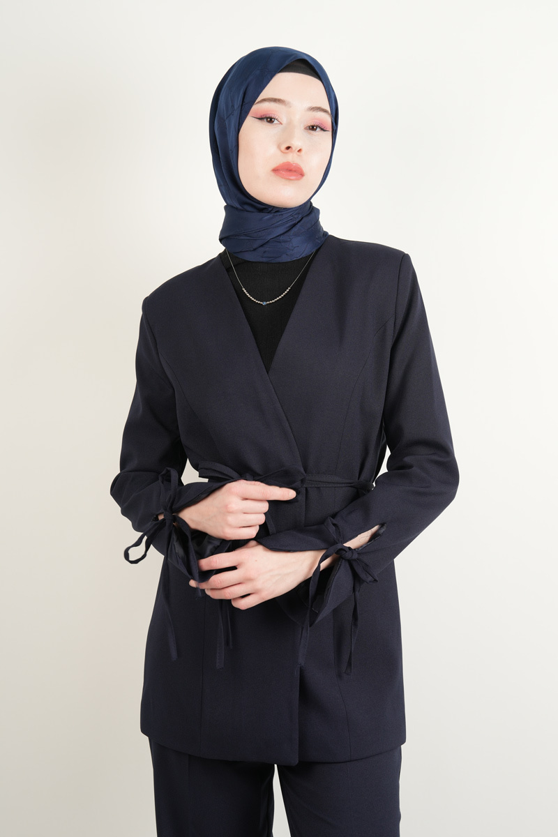 Bayan Yün Blazer Kol Bağcıklı Yün 2 li Takım Lacivert - 3