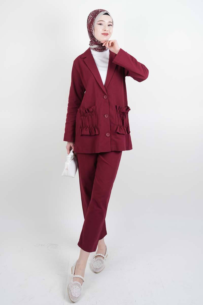 Blazer Takım Cep Büzgülü Ham Keten 2 li Takım Bordo - 1