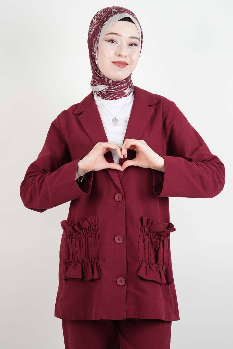 Blazer Takım Cep Büzgülü Ham Keten 2 li Takım Bordo - 2