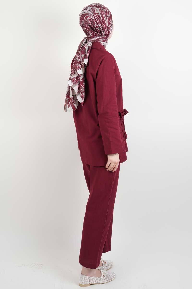 Blazer Takım Cep Büzgülü Ham Keten 2 li Takım Bordo - 3