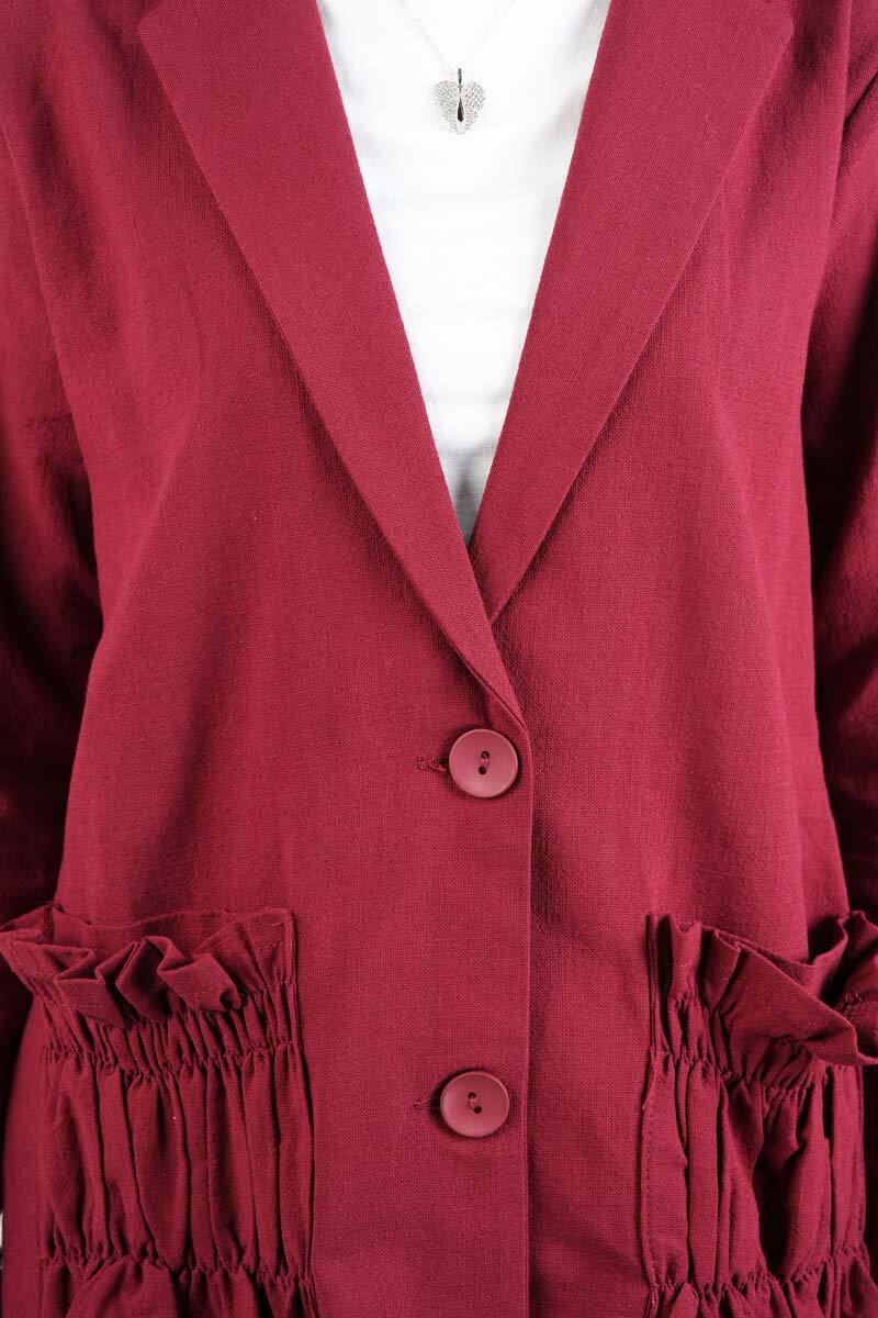 Blazer Takım Cep Büzgülü Ham Keten 2 li Takım Bordo - 4