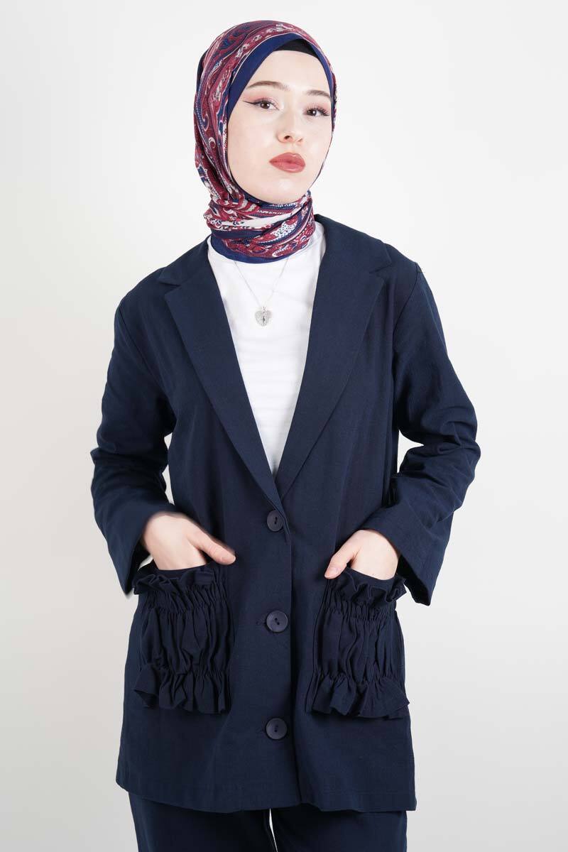 Blazer Takım Cep Büzgülü Ham Keten 2 li Takım Lacivert - 2