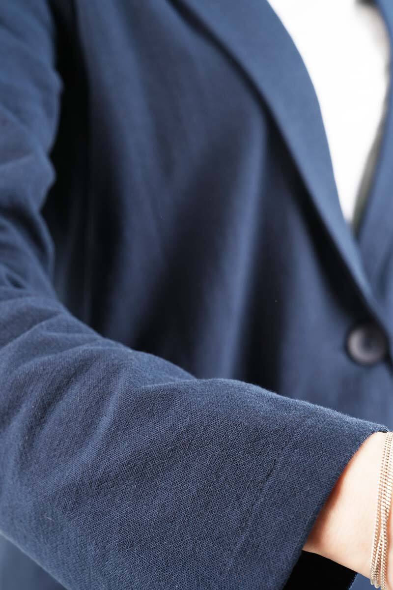 Blazer Takım Cep Büzgülü Ham Keten 2 li Takım Lacivert - 4