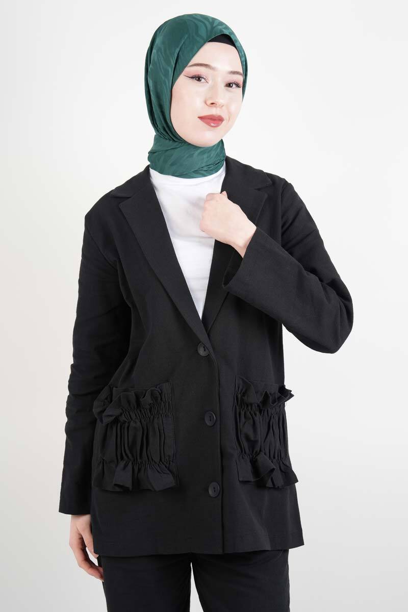Blazer Takım Cep Büzgülü Ham Keten 2 li Takım Siyah - 3