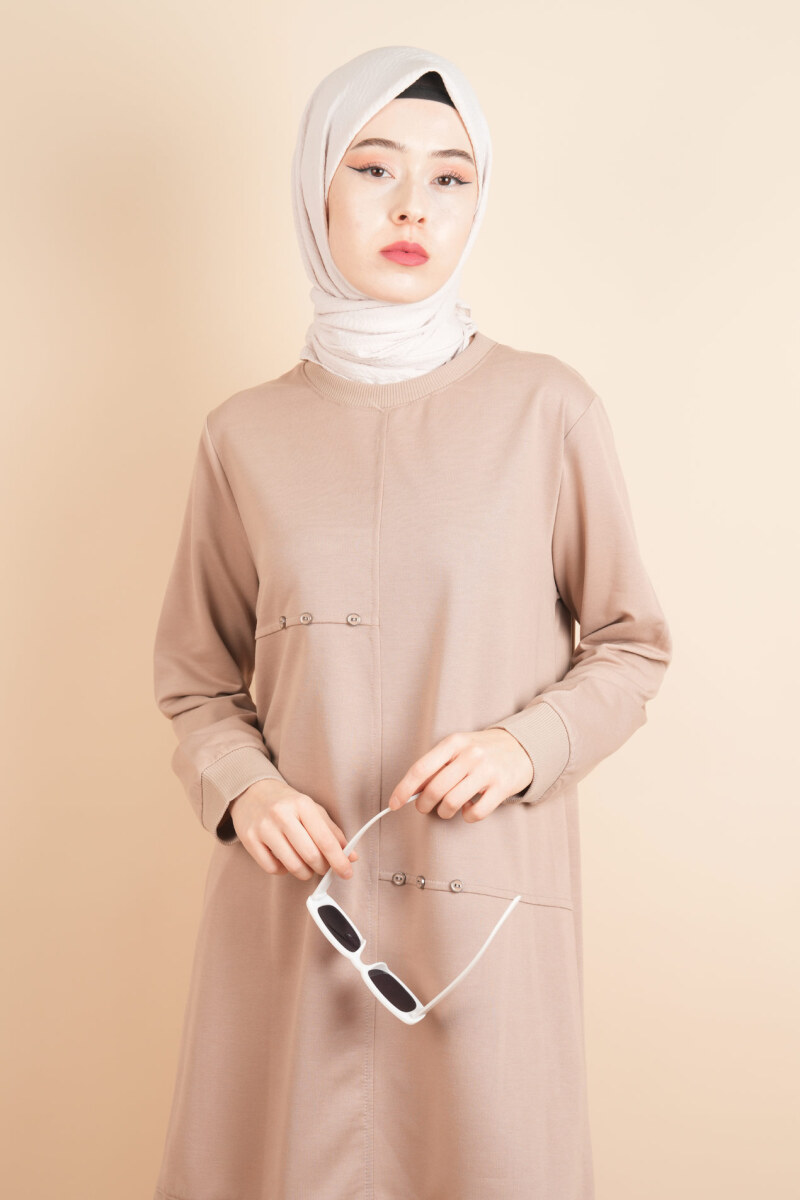 Bol Kesim Tesettür Sweat Düğme Detaylı Sweat Bej - 4
