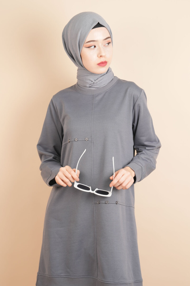 Bol Kesim Tesettür Sweat Düğme Detaylı Sweat Gri - 4
