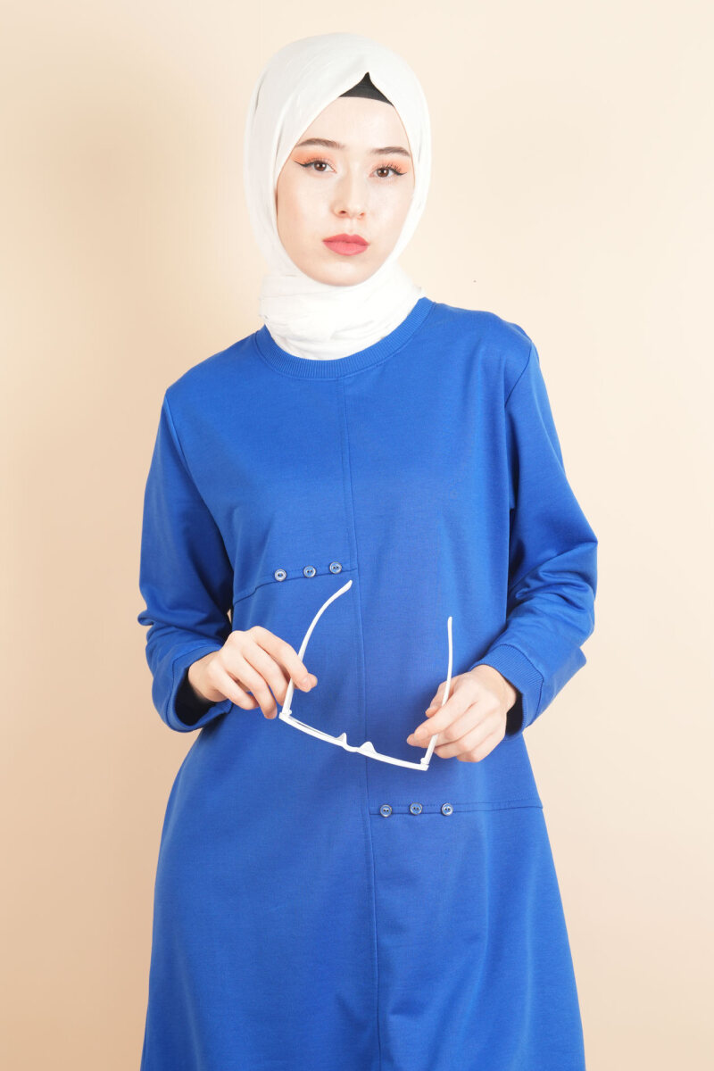 Bol Kesim Tesettür Sweat Düğme Detaylı Sweat Mavi - 4