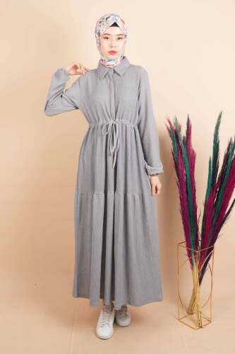 Bürümcük Elbise Tesettür Gizli Düğmeli Bel Tünelli Elbise Gri - 03Kız Kulesi Teks