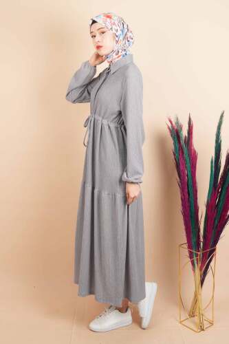 Bürümcük Elbise Tesettür Gizli Düğmeli Bel Tünelli Elbise Gri - 03Kız Kulesi Teks (1)