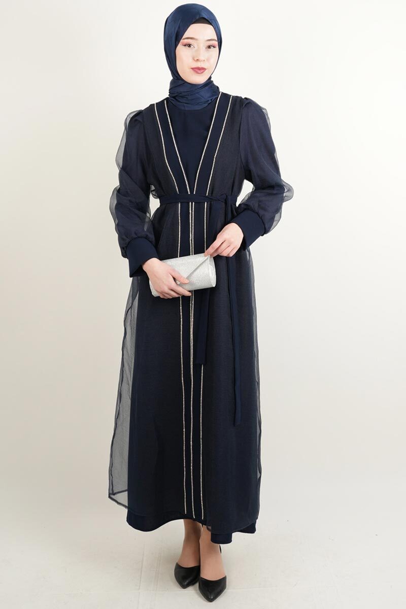 Büyük Beden Abiye Ön Taş Dizi Tül Abaya Lacivert - 1