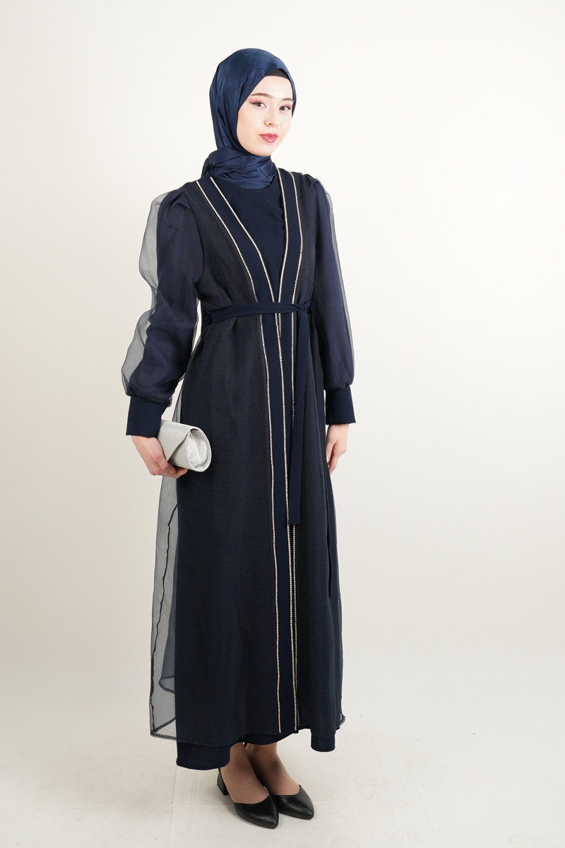 Büyük Beden Abiye Ön Taş Dizi Tül Abaya Lacivert - 2