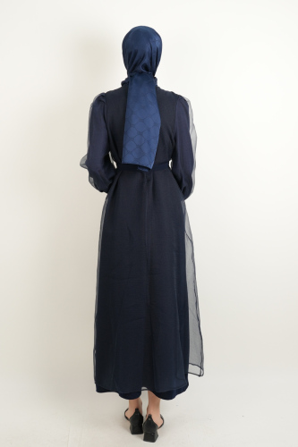 Büyük Beden Abiye Ön Taş Dizi Tül Abaya Lacivert - 3