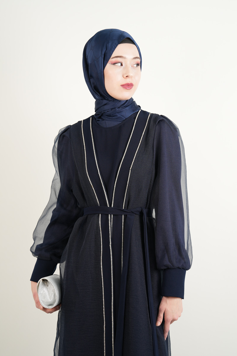Büyük Beden Abiye Ön Taş Dizi Tül Abaya Lacivert - 4