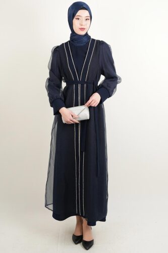 Büyük Beden Abiye Ön Taş Dizi Tül Abaya Lacivert - 1