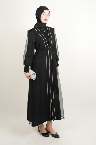 Büyük Beden Abiye Ön Taş Dizi Tül Abaya Siyah - 2