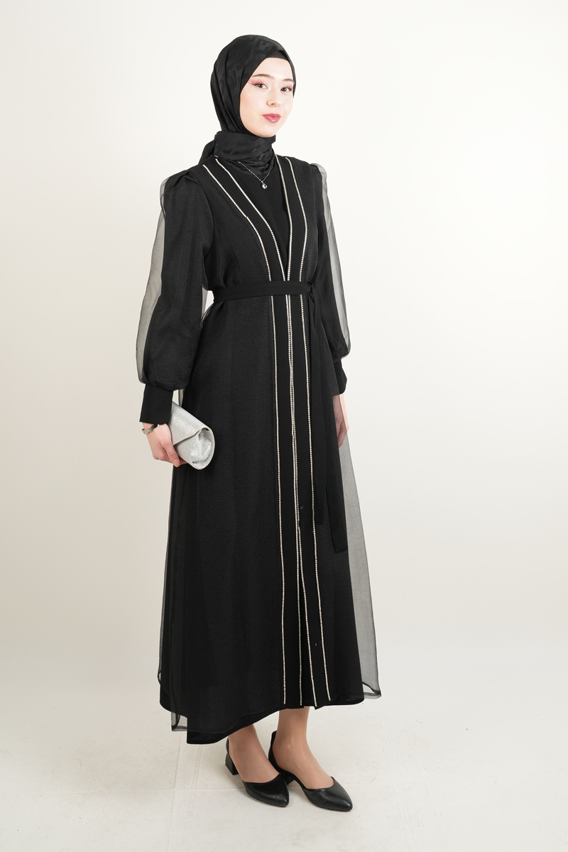 Büyük Beden Abiye Ön Taş Dizi Tül Abaya Siyah - 2