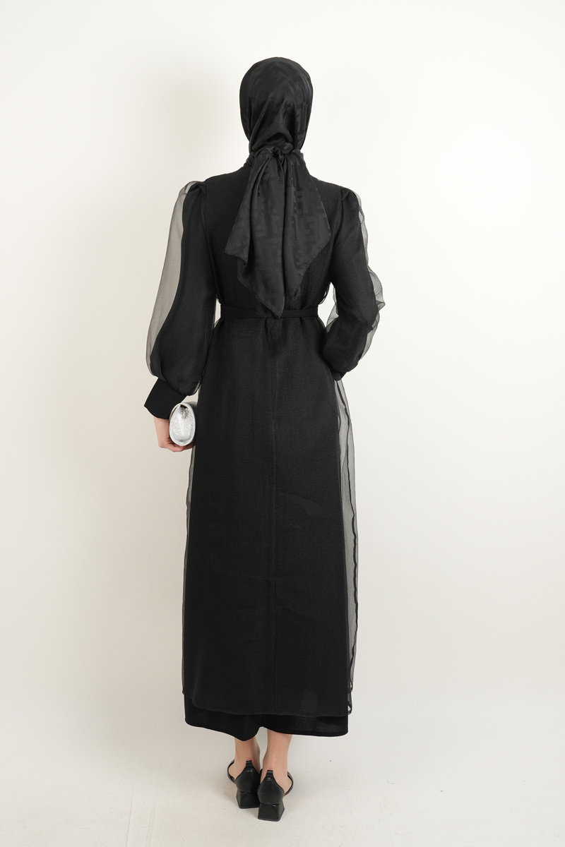 Büyük Beden Abiye Ön Taş Dizi Tül Abaya Siyah - 3