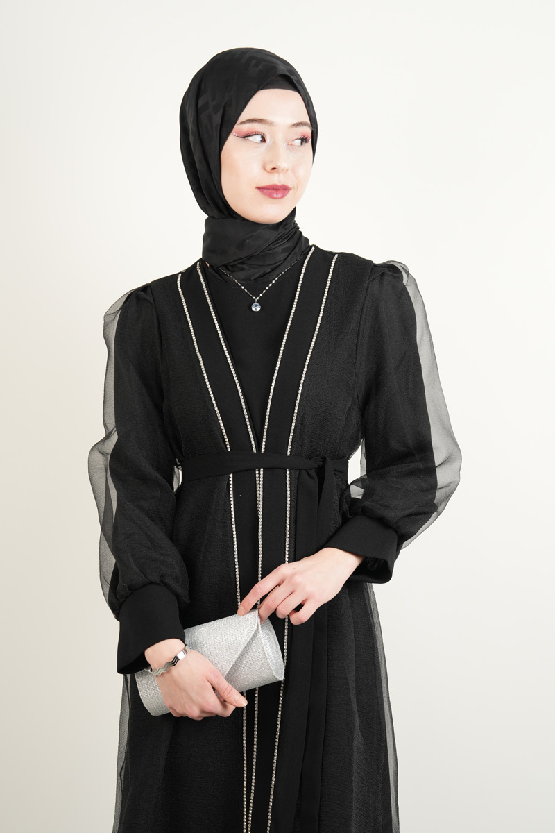 Büyük Beden Abiye Ön Taş Dizi Tül Abaya Siyah - 4