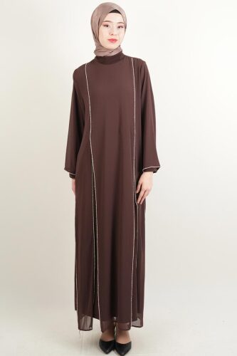 Büyük Beden Abiye Yırtmaç Detaylı 2 li Sandy Şifon Tüllü Abiye Kahverengi - 03Kız Kulesi Teks