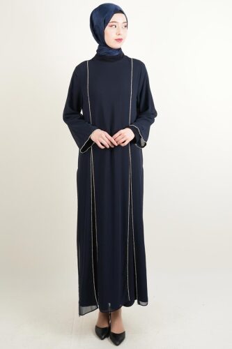 Büyük Beden Abiye Yırtmaç Detaylı 2 li Sandy Şifon Tüllü Abiye Lacivert - 03Kız Kulesi Teks