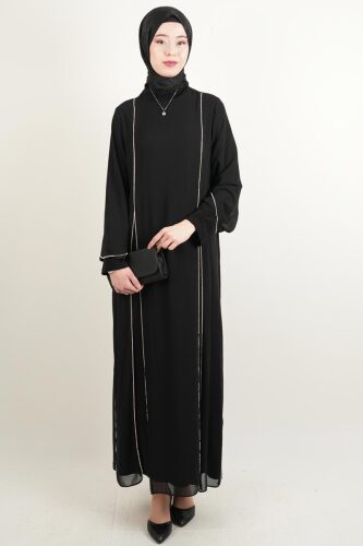 Büyük Beden Abiye Yırtmaç Detaylı 2 li Sandy Şifon Tüllü Abiye Siyah - 03Kız Kulesi Teks