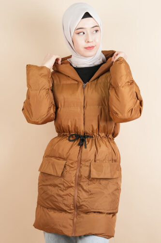 Çift Torba Cep Bel Detaylı Şişme Mont Taba - 4