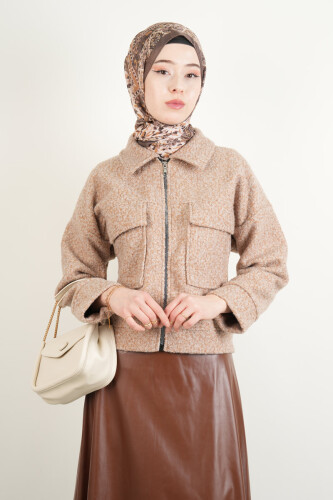 Crop Ceket Çift Cepli Fermuarlı Teddy Ceket Bej 