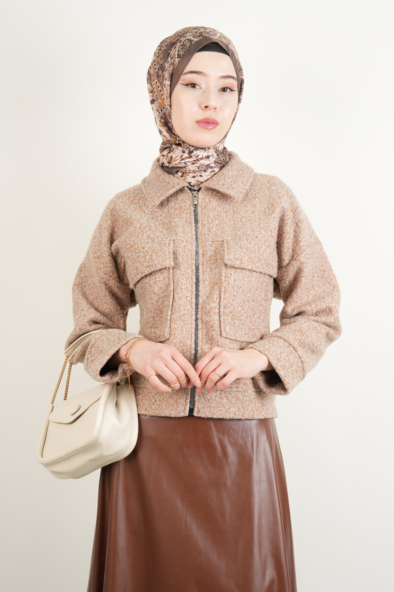 Crop Ceket Çift Cepli Fermuarlı Teddy Ceket Bej - 1