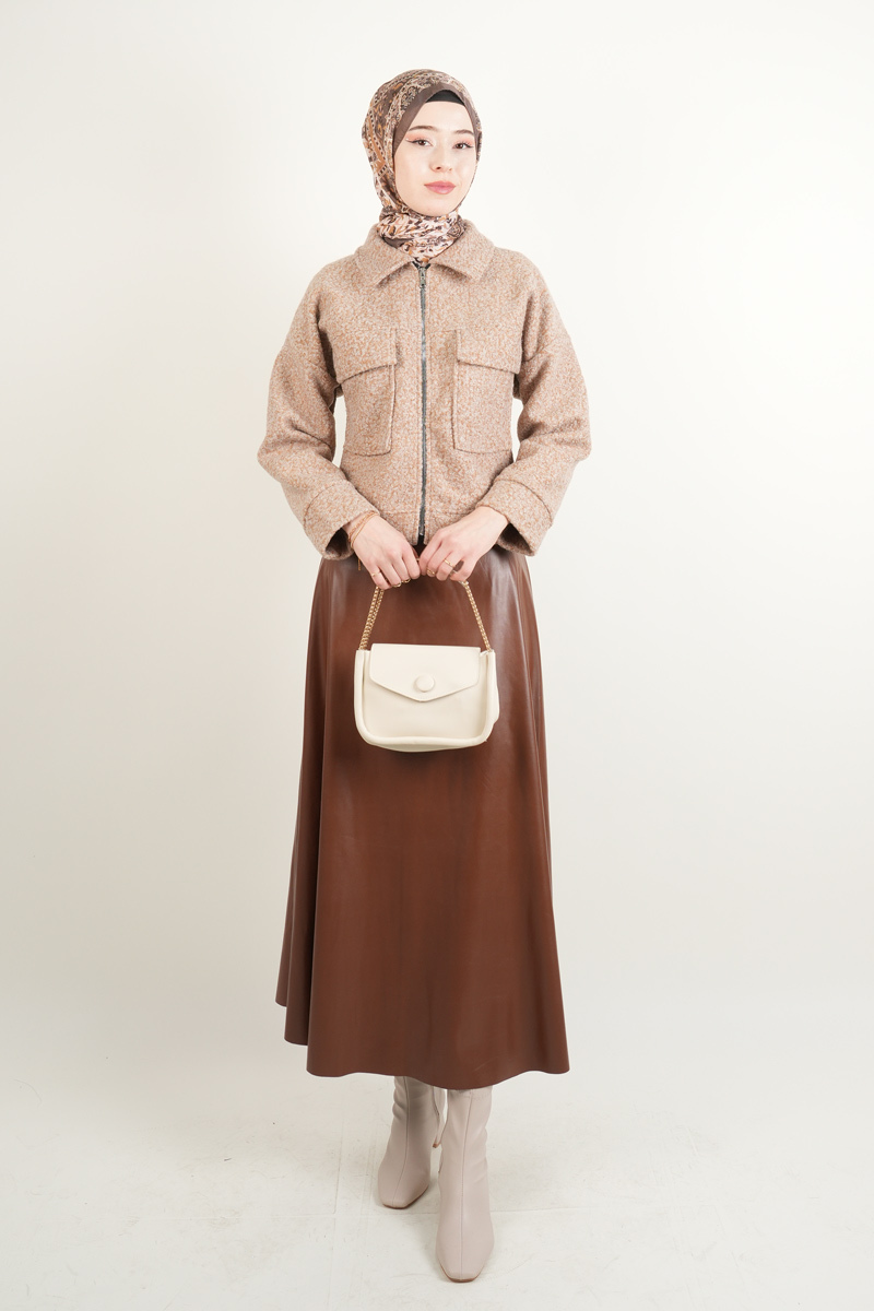 Crop Ceket Çift Cepli Fermuarlı Teddy Ceket Bej - 2
