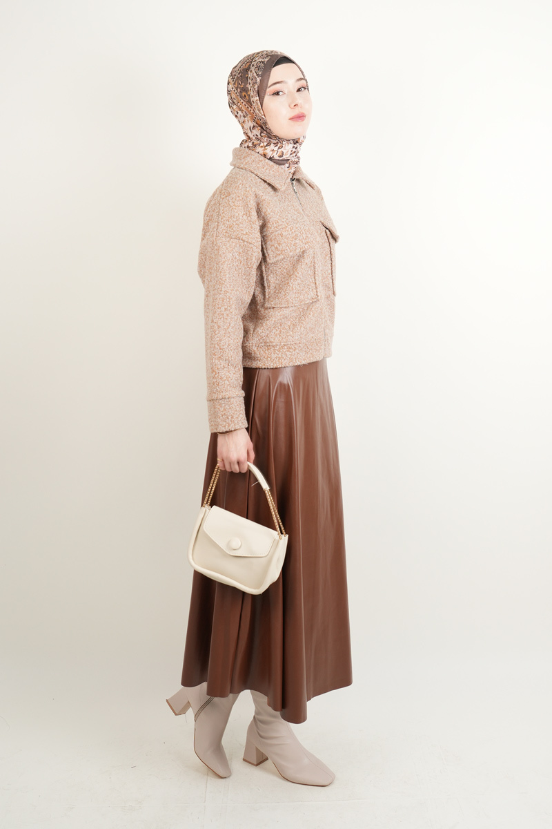 Crop Ceket Çift Cepli Fermuarlı Teddy Ceket Bej - 3