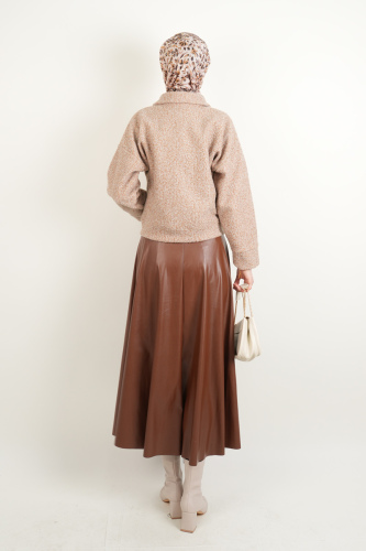 Crop Ceket Çift Cepli Fermuarlı Teddy Ceket Bej - 4
