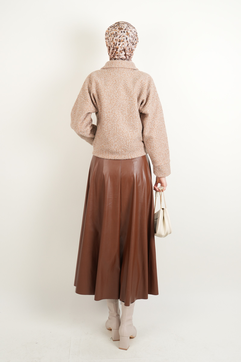 Crop Ceket Çift Cepli Fermuarlı Teddy Ceket Bej - 4