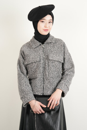 Crop Ceket Çift Cepli Fermuarlı Teddy Ceket Gri - 1