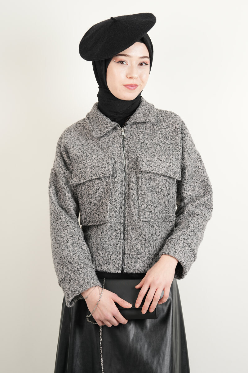 Crop Ceket Çift Cepli Fermuarlı Teddy Ceket Gri - 1