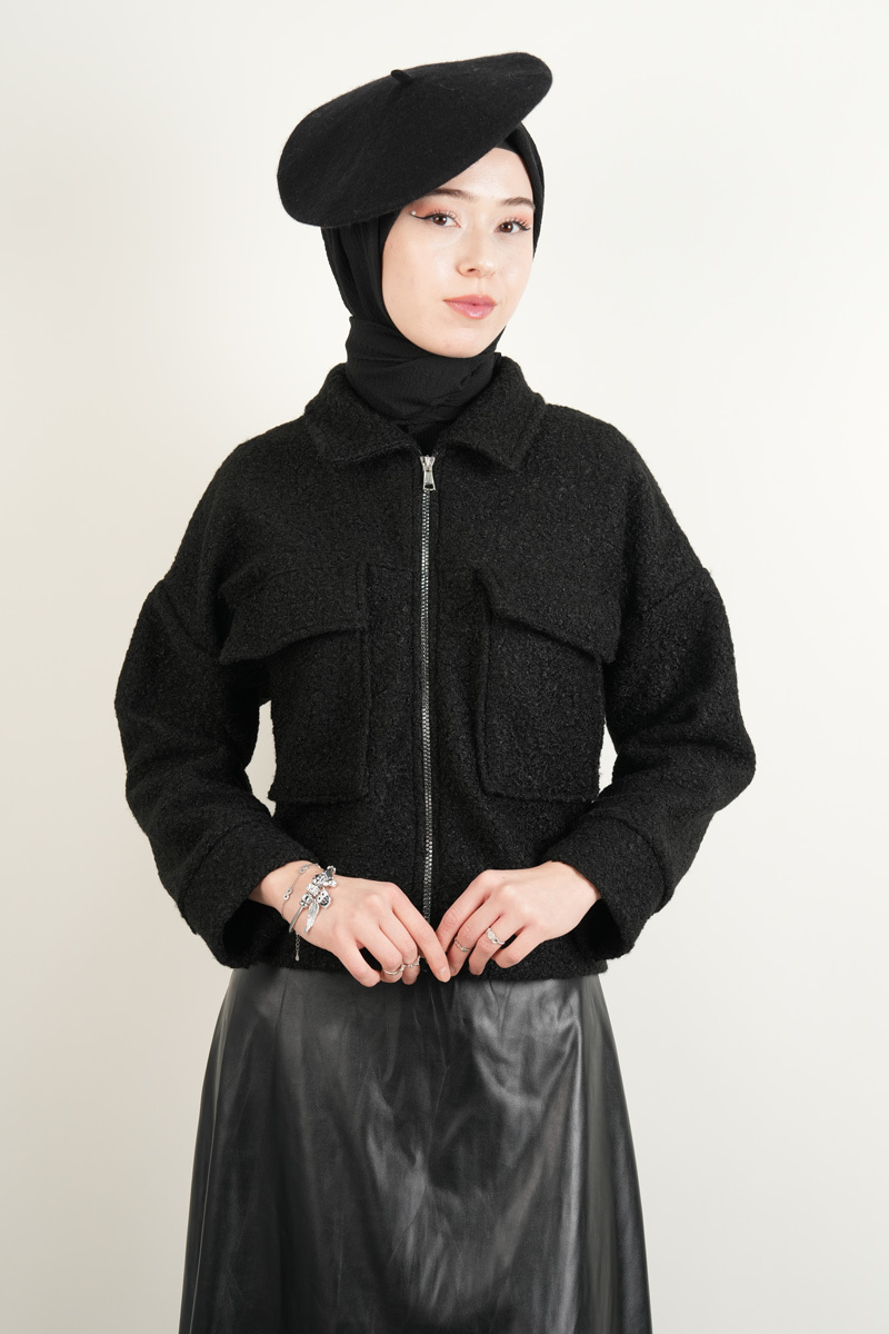 Crop Ceket Çift Cepli Fermuarlı Teddy Ceket Siyah - 1