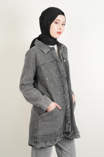 Denim Ceket Ön Taş Detaylı Araboy Ceket Alt Cepli Gri - 3