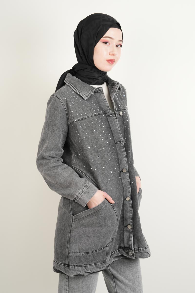 Denim Ceket Ön Taş Detaylı Araboy Ceket Alt Cepli Gri - 3
