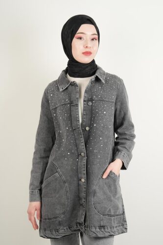 Denim Ceket Ön Taş Detaylı Araboy Ceket Alt Cepli Gri - 03Kız Kulesi Teks