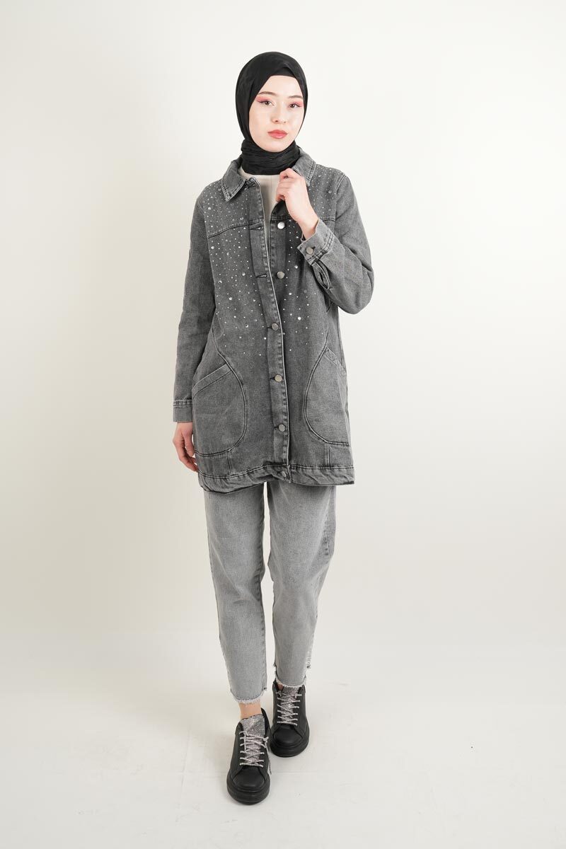 Denim Ceket Ön Taş Detaylı Araboy Ceket Alt Cepli Gri - 2