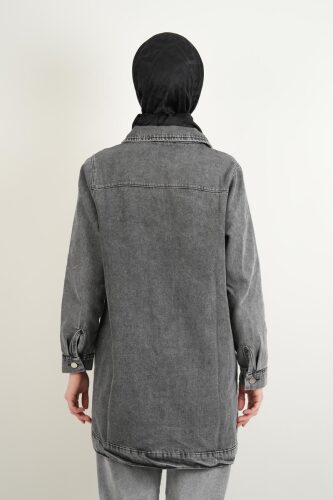 Denim Ceket Ön Taş Detaylı Araboy Ceket Alt Cepli Gri - 4
