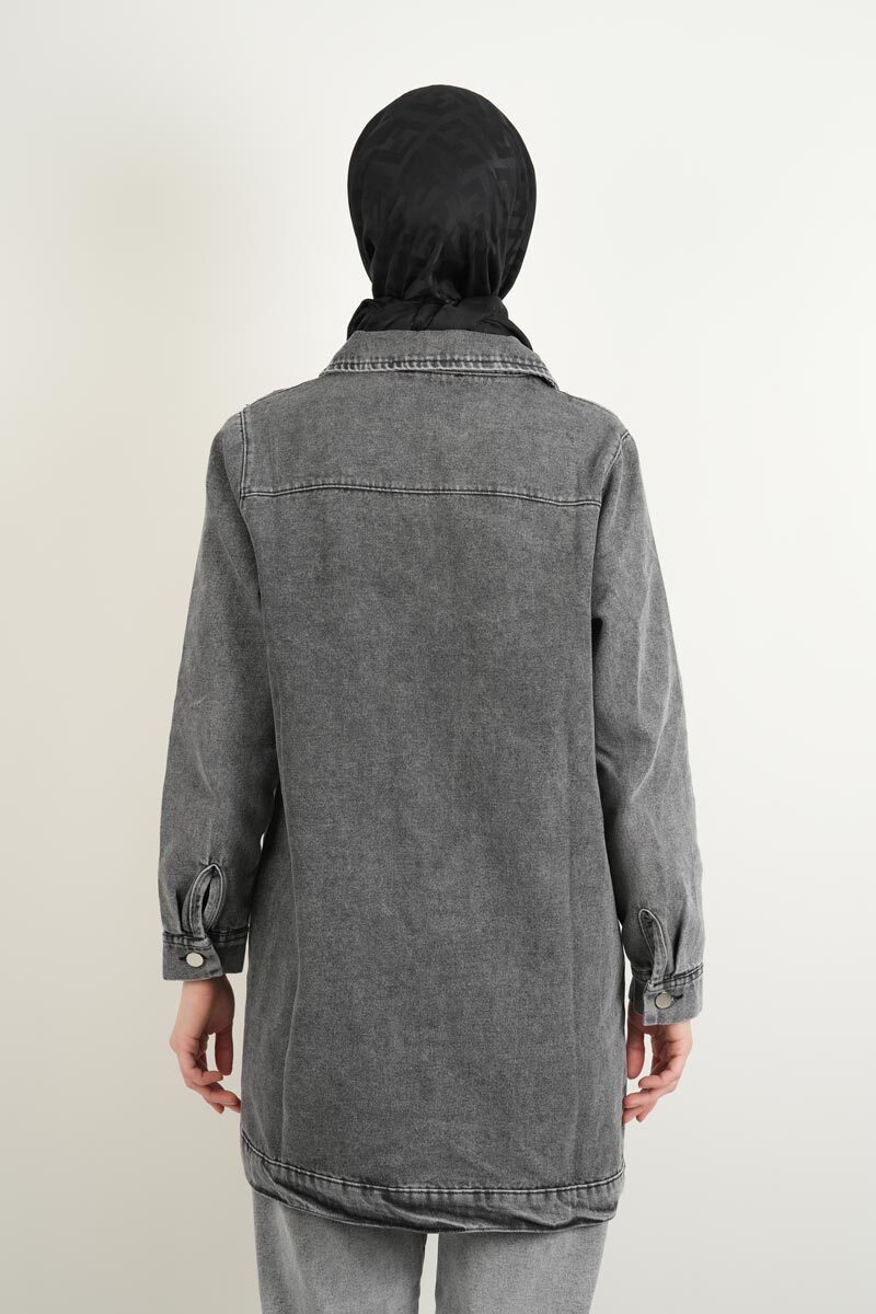 Denim Ceket Ön Taş Detaylı Araboy Ceket Alt Cepli Gri - 4