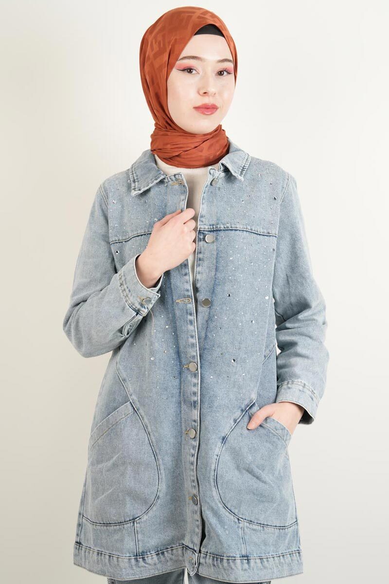 Denim Ceket Ön Taş Detaylı Araboy Ceket Alt Cepli Mavi - 1